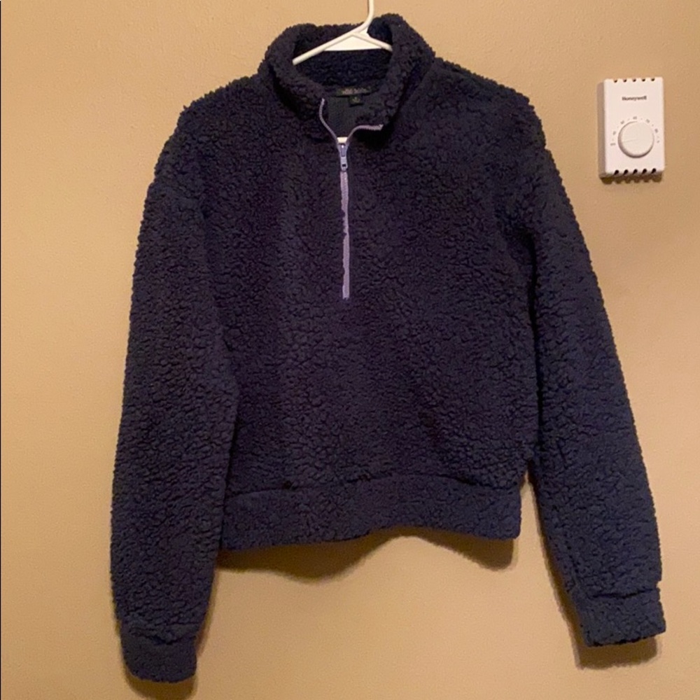 Blue sherpa with purple zipper